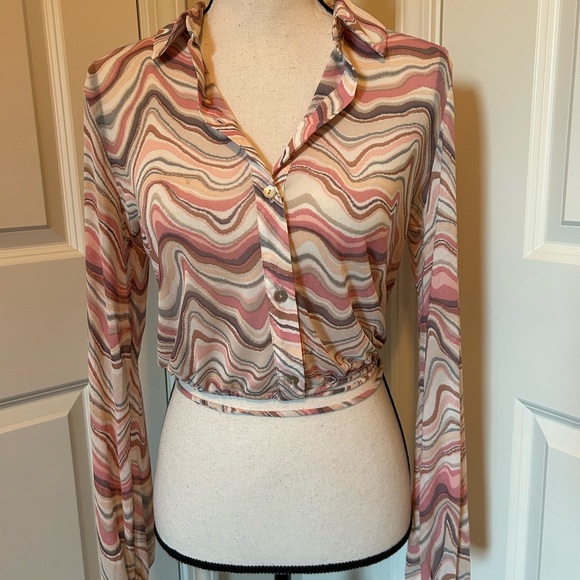 Funky mesh cropped, button-down, collared, long sleeve shirt - Picture 2 of 5
